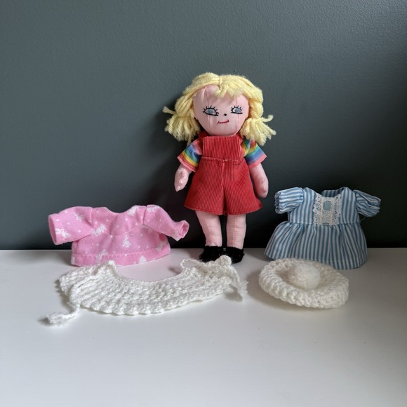 OOAK Vintage 80s Blonde Blue Eyed Doll Crochet Hand Knitted With Outfits 9